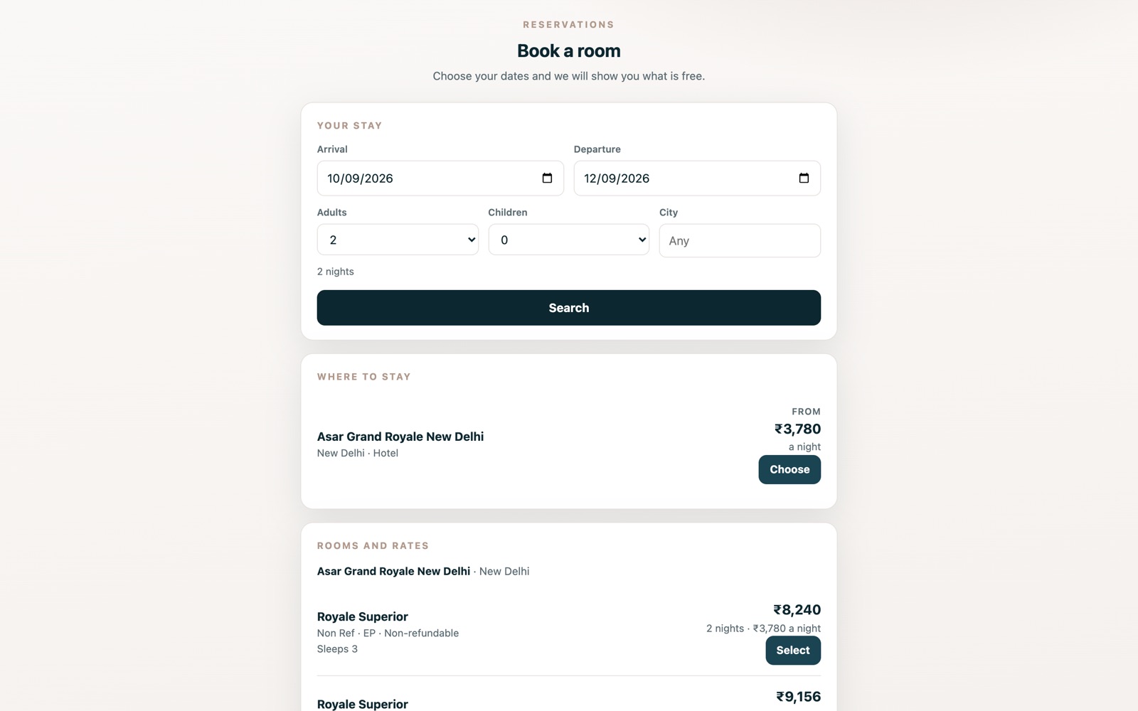 The direct booking page showing a date search and the rooms and rates that came back for the hotel.
