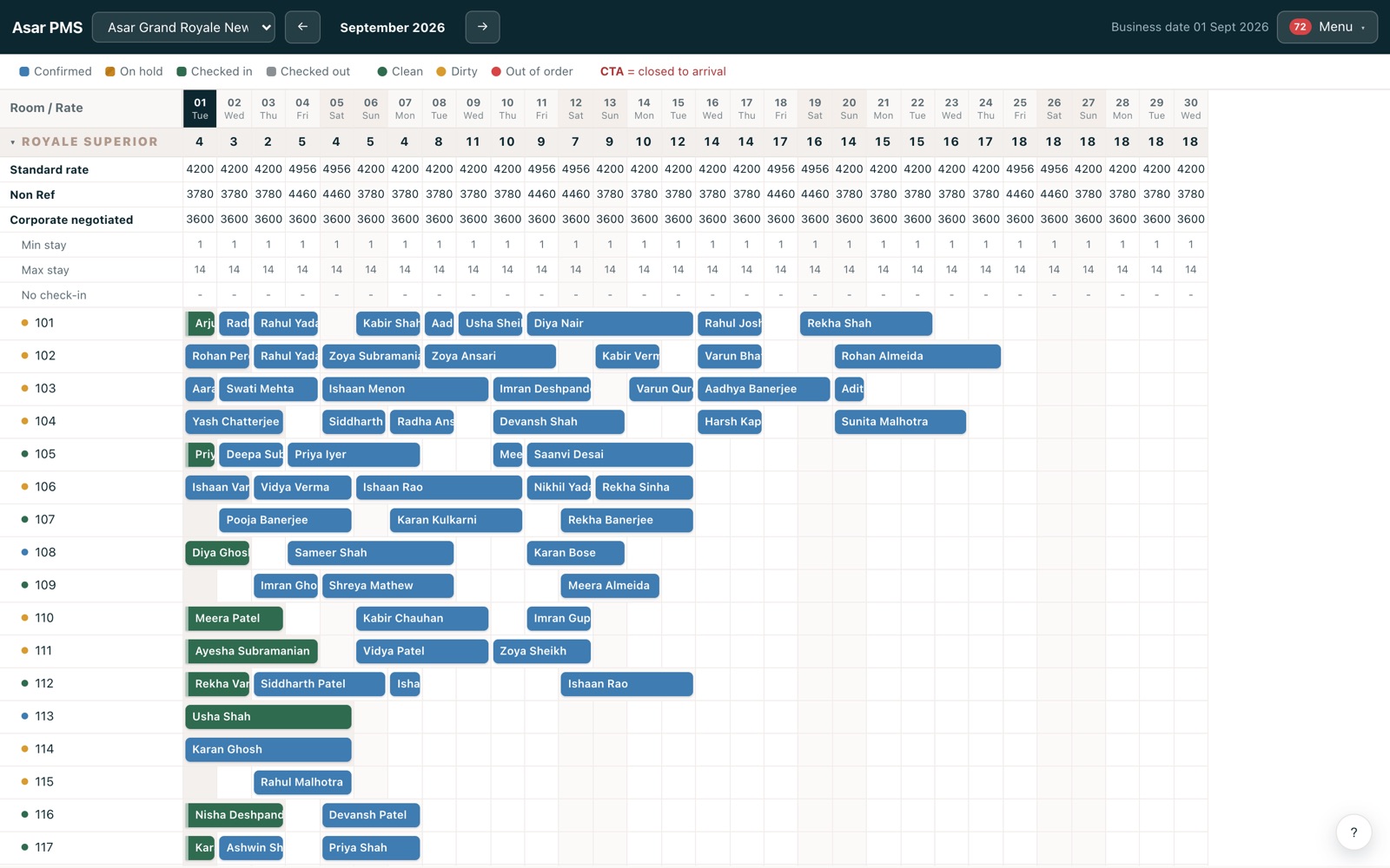 The Asar PMS booking chart: rooms down the side, September across the top, every booking drawn as a bar, with rates and stay restrictions above them.