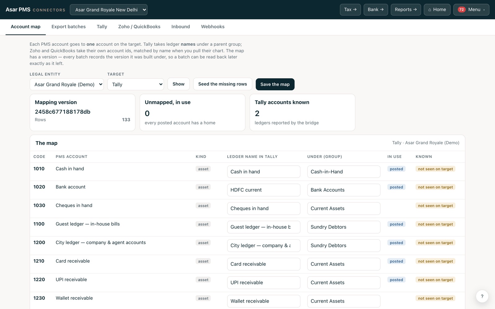 The connectors screen: each system, its status, the last batch.