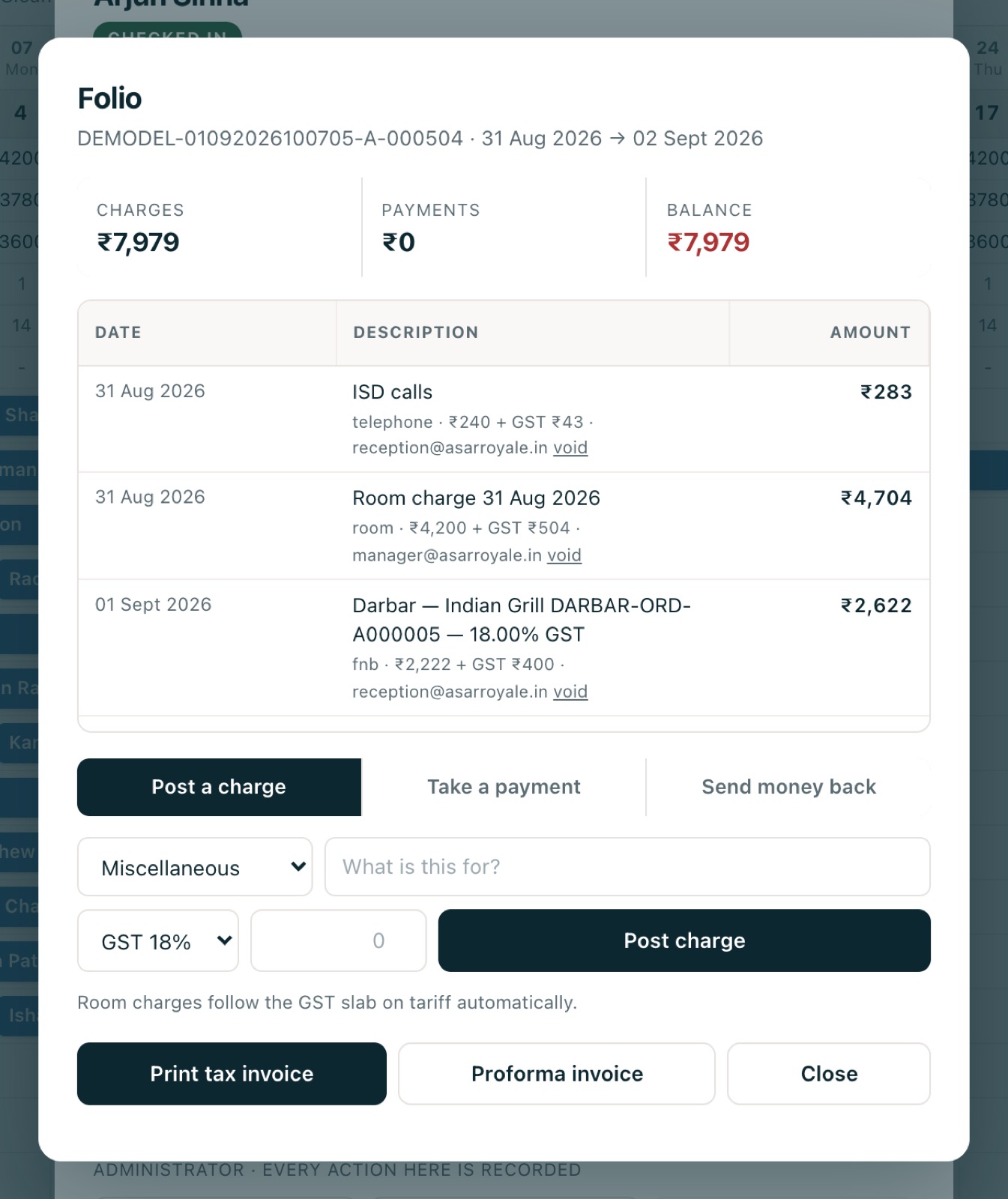 A guest folio listing a telephone charge, a room charge and a restaurant bill from Darbar, each with its GST split, adding to one balance.