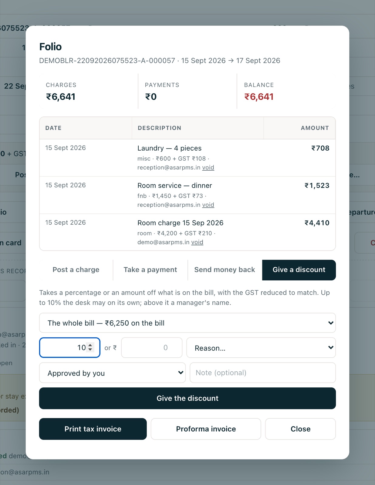 Give a discount: what it is on, per cent or rupees, the reason, who approved it — posted as an allowance beside the charges with the GST reduced to match.