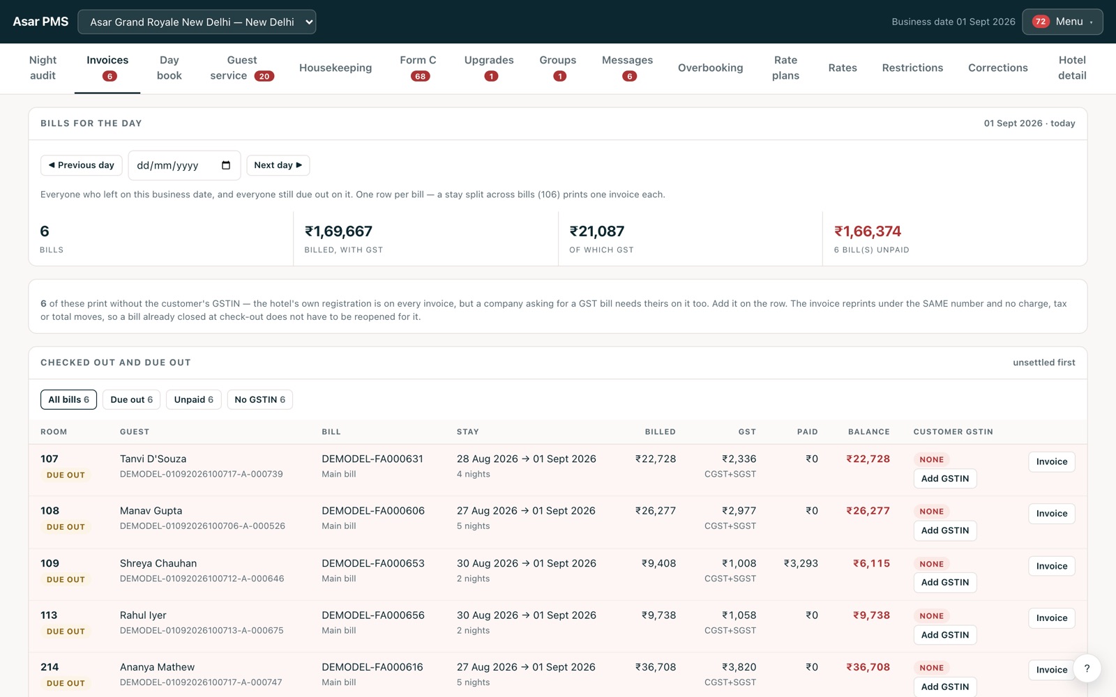 The invoices screen showing the day's bills with the amount billed, the GST on it, what is paid and what is owed.